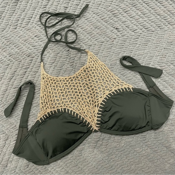 Crocheted Olive Green Halter Swimsuit Top - Picture 1 of 4